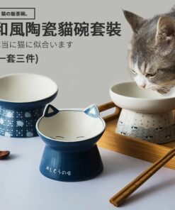 猫の飯茶碗和風陶瓷貓碗套裝 (一套 3 個)
